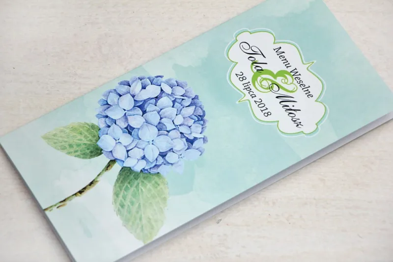Menu weselne, stół weselny - Felicja nr 16 - Niebieskie hortensje - kwiatowe dodatki ślubne