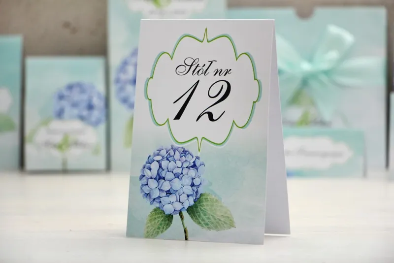 Numery stolików, stół weselny, ślub - Felicja nr 16 - Błękitne hortensje - dodatki ślubne