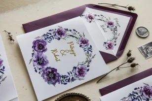 Zaproszenia ślubne z bilecikami, RSVP - Cykade nr 9 ze złoceniem - Delikatne fioletowe kwiaty