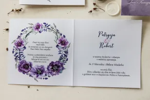 Zaproszenia ślubne z bilecikami, RSVP - Cykade nr 9 ze złoceniem - Delikatne fioletowe kwiaty