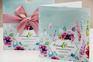 Hochzeitseinladung, Einladungen zur Blumenhochzeit mit Schleife - Felicja nr 17 - Blumenkomposition in intensiven Farben