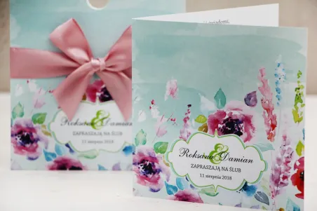 Hochzeitseinladung, Einladungen zur Blumenhochzeit mit Schleife - Felicja nr 17 - Blumenkomposition in intensiven Farben