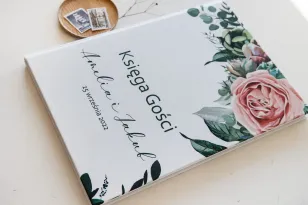 Ślubna, weselna Księga Gości z grafika różowych Piwonii od Amelia-Wedding.pl
