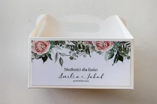 Prostokątne Pudełko na Ciasto weselne z grafiką rózowych Piwonii od Amelia-Wedding.pl