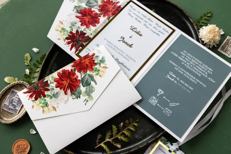 Bordowe Zaproszenia na Wesele ze Złotą Ramką i Różami | Luksusowe Wydanie