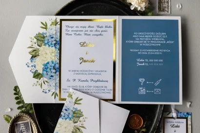 Zaproszenia na Wesele z efektowną niebiesko-białą hortensją i Złoceniami | Oryginalne Zaproszenia Ślubne | Avril nr 1