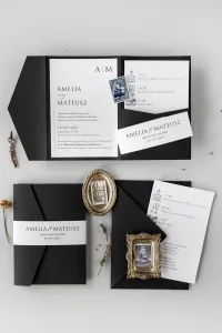 Czarne Eleganckie Zaproszenia Ślubne z Kieszonką | Kraft nr 8