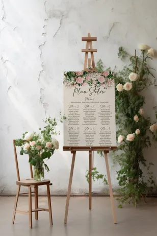 Hochzeitstischplan mit einem schönen Blumenarrangement mit weißen Pfingstrosen und blauen Hortensien
