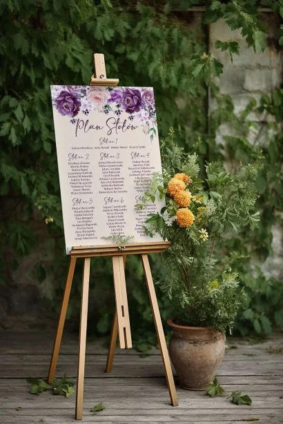Ślubny Plan Stołów z motywem lawendy i pastelowymi różami