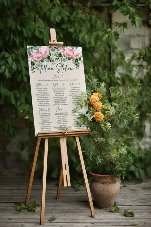 Hochzeitstischplan von Korani Nr. 6 mit Rosen, Pfingstrosen und Eukalyptus