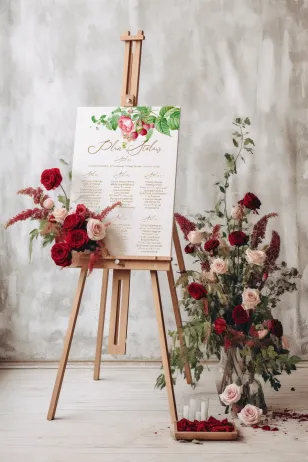 Hochzeitstischplan mit Pfingstrosenblütenmotiv und saftigen Himbeeren