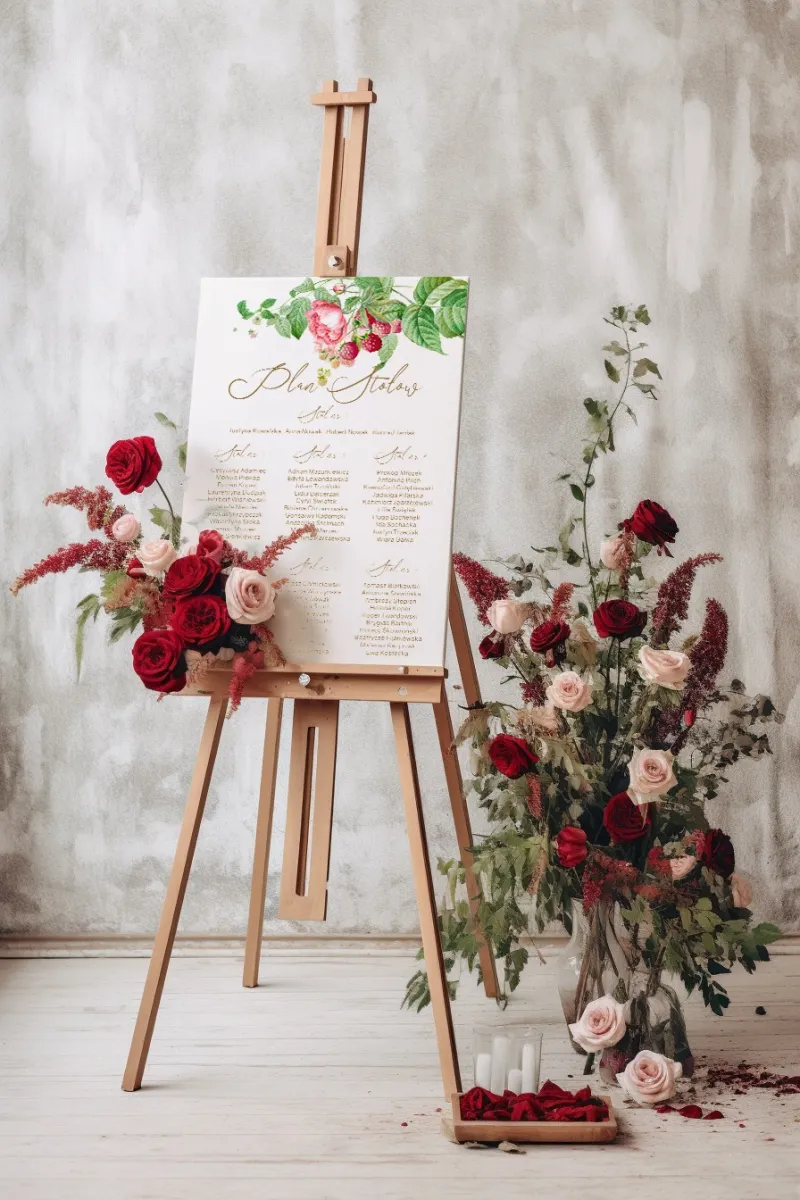 Weselny plan stółów z motywem kwiatowym piwonii oraz soczystych malin