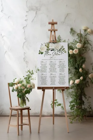 Hochzeitstischplan mit weißen Rosen und grünen Eukalyptuszweigen