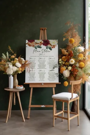 Weselny plan stółów z kwiatowym motywem - z burgundowymi daliami i herbacianymi różami