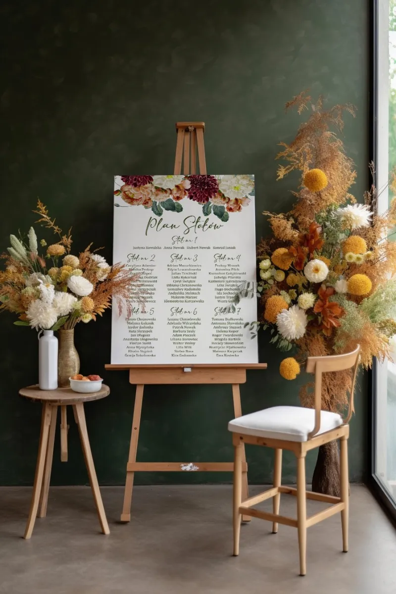 Weselny plan stółów z kwiatowym motywem - z burgundowymi daliami i herbacianymi różami