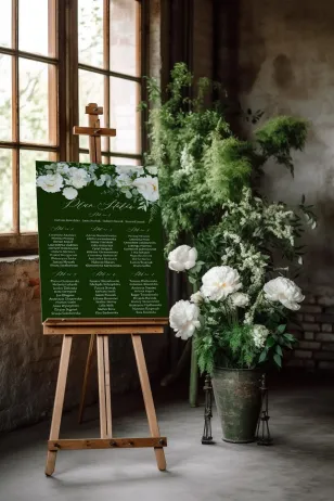 Hochzeitstischplan in Flaschengrün mit weißen Pfingstrosen, Dahlien und Hortensien