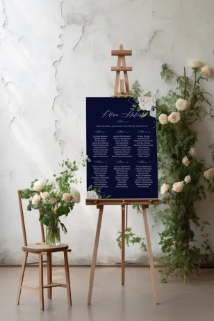 Marineblauer Hochzeitstischplan mit einem Strauß weißer Blumen