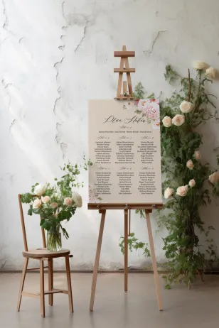 Hochzeitstischplan in Cremefarbe mit einem Strauß pastellfarbener Blumen