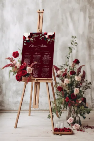 Burgunder Hochzeitstischplan mit Rosen, Pfingstrosen und Eukalyptus- und Farnblättern