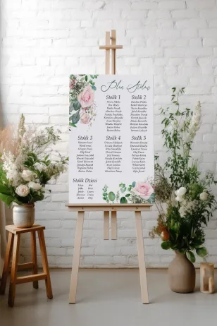 Hochzeitstischplan mit Rosen und grünen Eukalyptuszweigen
