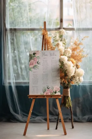 Grauer Hochzeitstischplan in einem zarten Farbton. Am Set eine Komposition aus weißen und pastellfarbenen Rosen