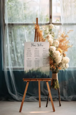 Forest Wedding Tischplan mit elegantem Ornament auf der Vorderseite. Auf dem Plan eine Waldlandschaft in kühlem Grün
