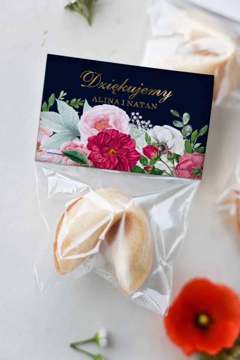 Ciasteczka Szczęścia, Złocenia, Różowe Piwonie | Oryginalne Podziękowania dla Gości | od Amelia-Wedding.pl