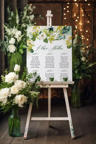 Biało-zielony Plan Stołów Weselnych gałązkami w stylu glamour, motyw delikatnych, białych kwiatów i zieleni