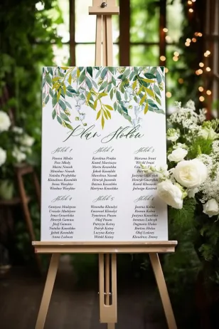 Weißer und grüner Hochzeitstischplan mit Maiglöckchen und Zweigen im Glamour-Stil