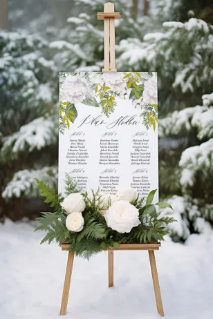 Hochzeitstischplan in Weiß, Winterfarben