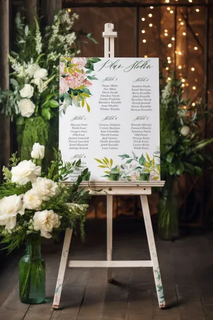 Hochzeitstischplan mit rosa Pfingstrosen und Hortensie