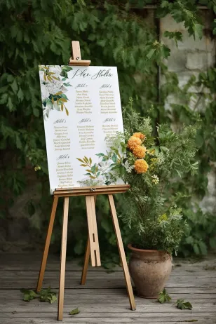Hochzeitstischplan mit weißen Pfingstrosen und Hortensien