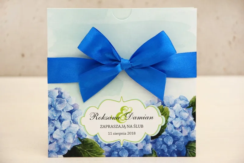 Zaproszenie ślubne, zaproszenia na ślub kwiatowe z kokardą - Felicja nr 19 - Niebieskie hortensje
