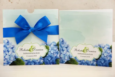 Hochzeitseinladung, Einladungen zur Blumenhochzeit mit Schleife - Felicja Nr. 19 - Blaue Hortensien