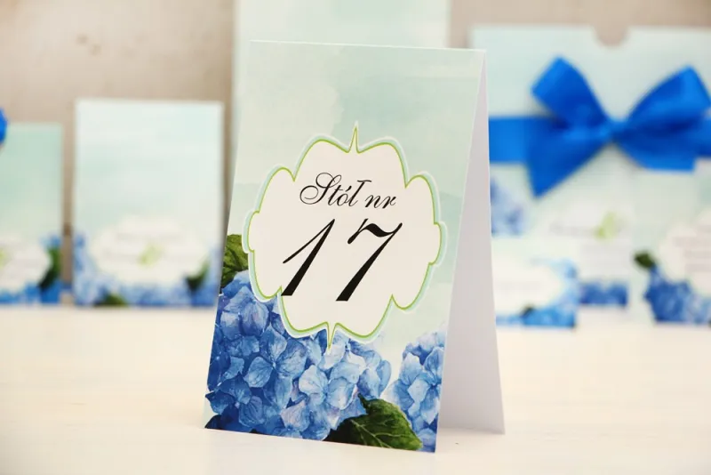 Numery stolików, stół weselny, ślub - Felicja nr 19 - Niebieskie hortensje - dodatki ślubne