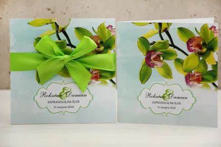 Zaproszenie ślubne, zaproszenia na ślub kwiatowe z kokardą - Felicja nr 20 - Zielone orchidee