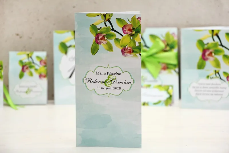 Menu weselne, stół weselny - Felicja nr 20 - Zielone orchidee - kwiatowe dodatki ślubne Menu weselne, stół weselny - Felicja nr 20 - Zielone orchidee - kwiatowe dodatki ślubne
