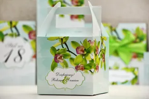 Pudełko na ciasto kwadratowe, tort weselny - Felicja nr 20 - Zielone orchidee - kwiatowe dodatki ślubne