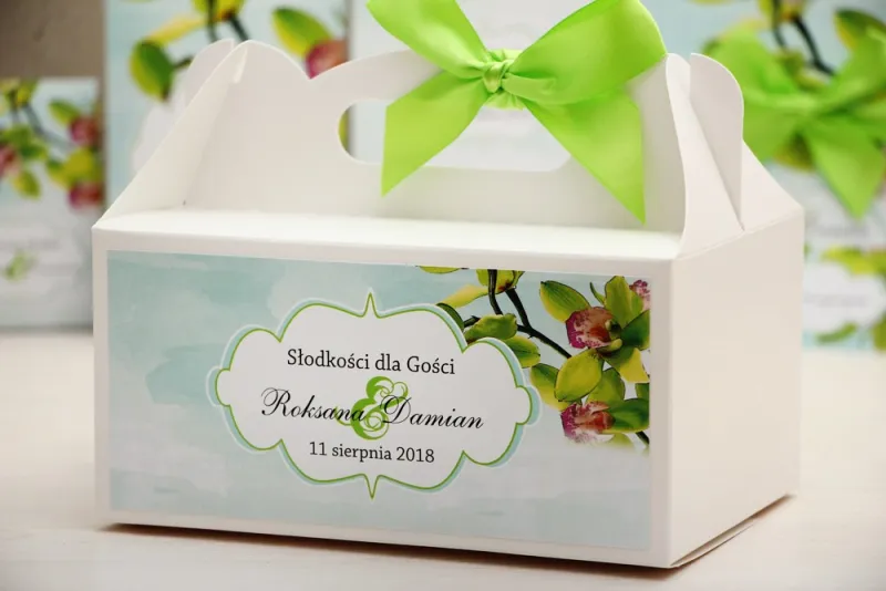 Prostokątne pudełko na ciasto, tort weselny, ślub - Felicja nr 20 - Zielone orchidee - kwiatowe dodatki ślubne