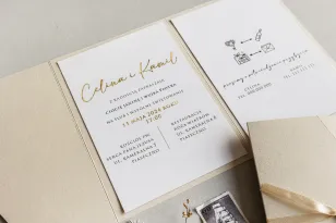 Beżowe zaproszenia ślubne z kokardką i złoceniem | Eleganckie i minimalistyczne zaproszenia | Avril nr 10