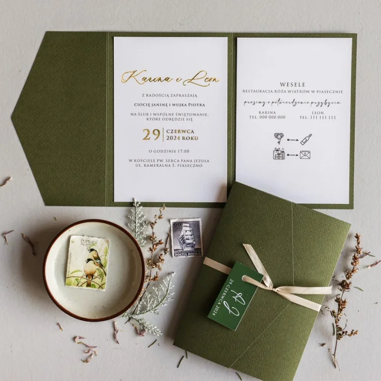 Zaproszenia Ślubne | Zielone z Złotymi Akcentami | Eleganckie i Personalizowane | Avril nr 11