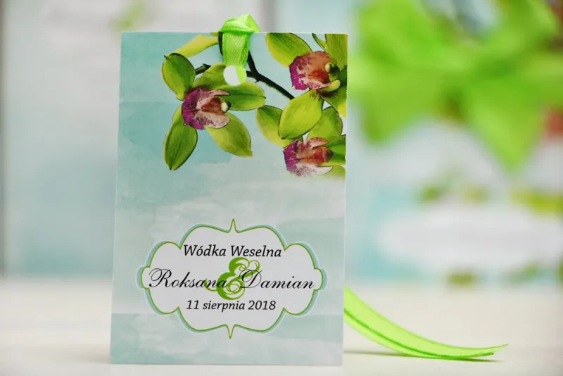 Zawieszka na butelkę, wódka weselna, ślub - Felicja nr 20 - Zielone orchidee - kwiatowe dodatki ślubne Zawieszka na butelkę, wódka weselna, ślub - Felicja nr 20 - Zielone orchidee - kwiatowe dodatki ślubne