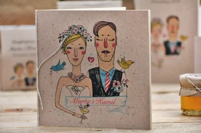 Zaproszenia na ślub z rysunkiem Pary Młodej w stylu rustykalnym | Oryginalne zaproszenia weselne