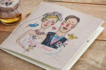 Zaproszenia na ślub z rysunkiem Pary Młodej w stylu rustykalnym | Oryginalne zaproszenia weselne | Presto