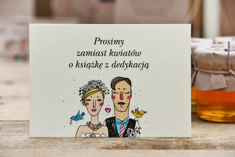 Bilecik do zaproszenia 105 x 74 mm prezenty ślubne wesele - Presto - Rustykalne, rysunek Państwa Młodych, w wesołym charakterze