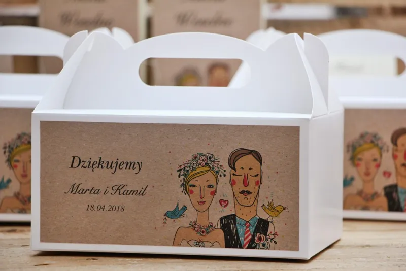 Prostokątne pudełko na ciasto, tort weselny, ślub - Presto - rustykalne, ekologiczne z rysunkiem Pary Młodej Prostokątne pudełko na ciasto, tort weselny, ślub - Presto - rustykalne, ekologiczne z rysunkiem Pary Młodej