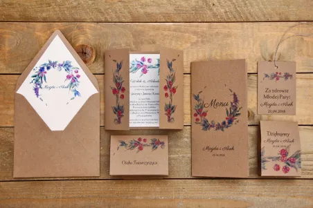 Hochzeitseinladung mit Accessoires - Waldfrüchte Nr. 1 - Rote Brombeeren - Bio mit Umschlag