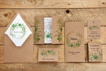 Zaproszenie ślubne z dodatkami - Owoce Leśne nr 2 - Polna trawa greenery - Ekologiczne z kopertą