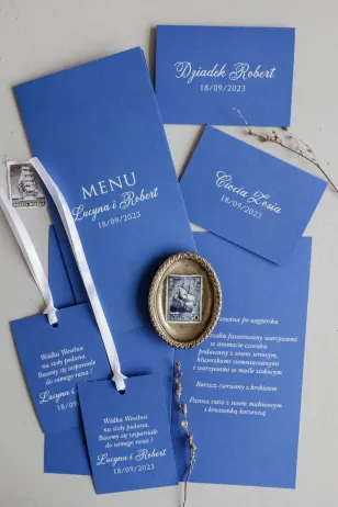Eleganckie Menu Weselne na Niebieskim Papierze z Personalizacją | Nowoczesny Design | Kraft nr 7