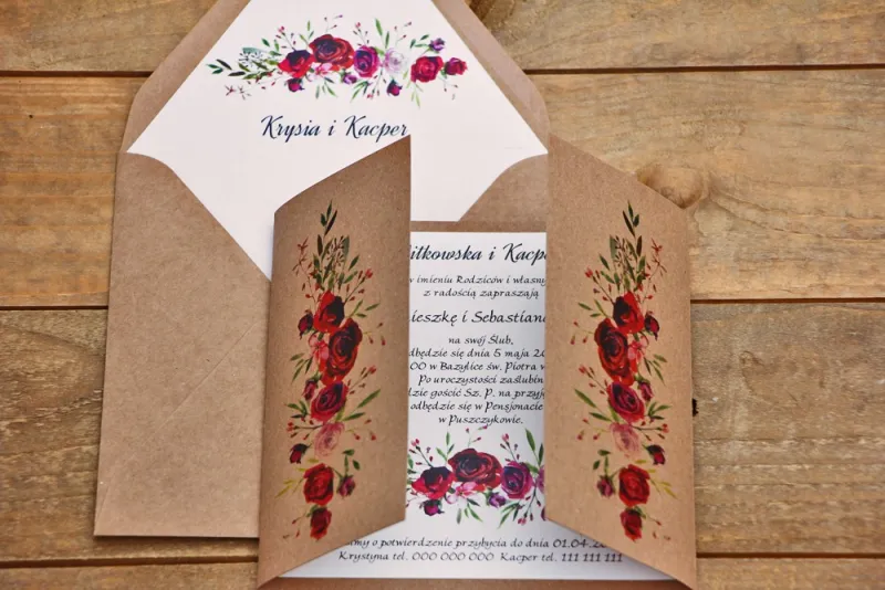 Zaproszenie ślubne ekologiczne z kopertą - Owoce Leśne nr 3 - Bordowe róże